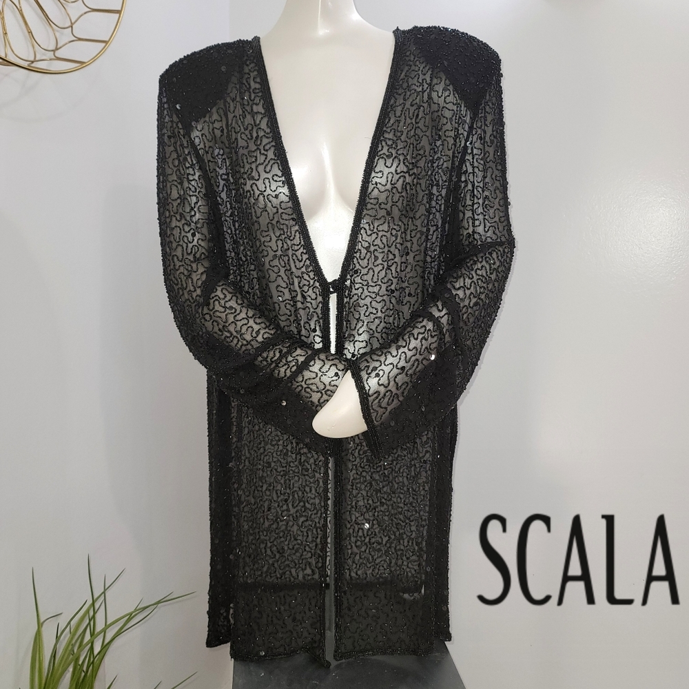 Scala Sheer Beaded Elegant Sparkle Duster Jacket Blac… Gem